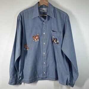 Mili Designs Appliquéd Embellished Cat Kitten Shirt Blue Gingham Check VTG Sz M
